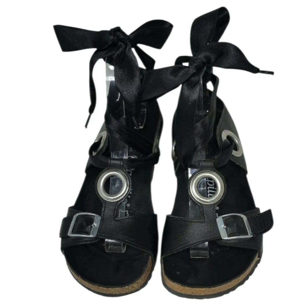 Papillio Birkenstock Black Emmy Leather Ankle Tie Strap Wedge Sandals Size 37‎